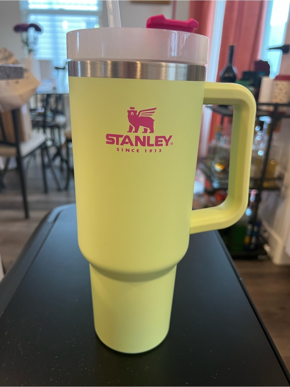 Stanley Neon Lime Green Travel Mug with Pink Logo and Handle 40oz